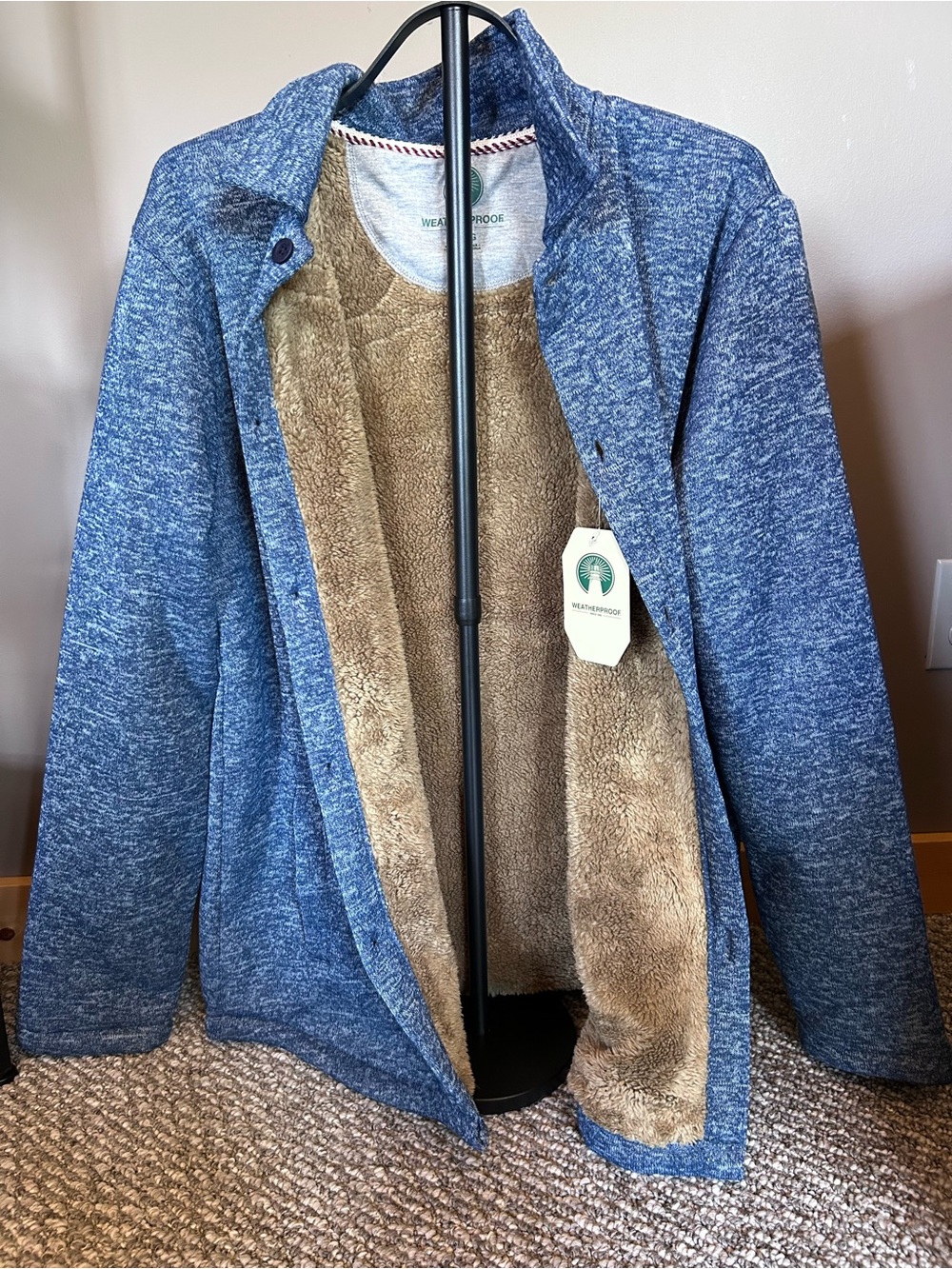 Weatherproof Blue Heathered Jacket with Tan Sherpa Interior